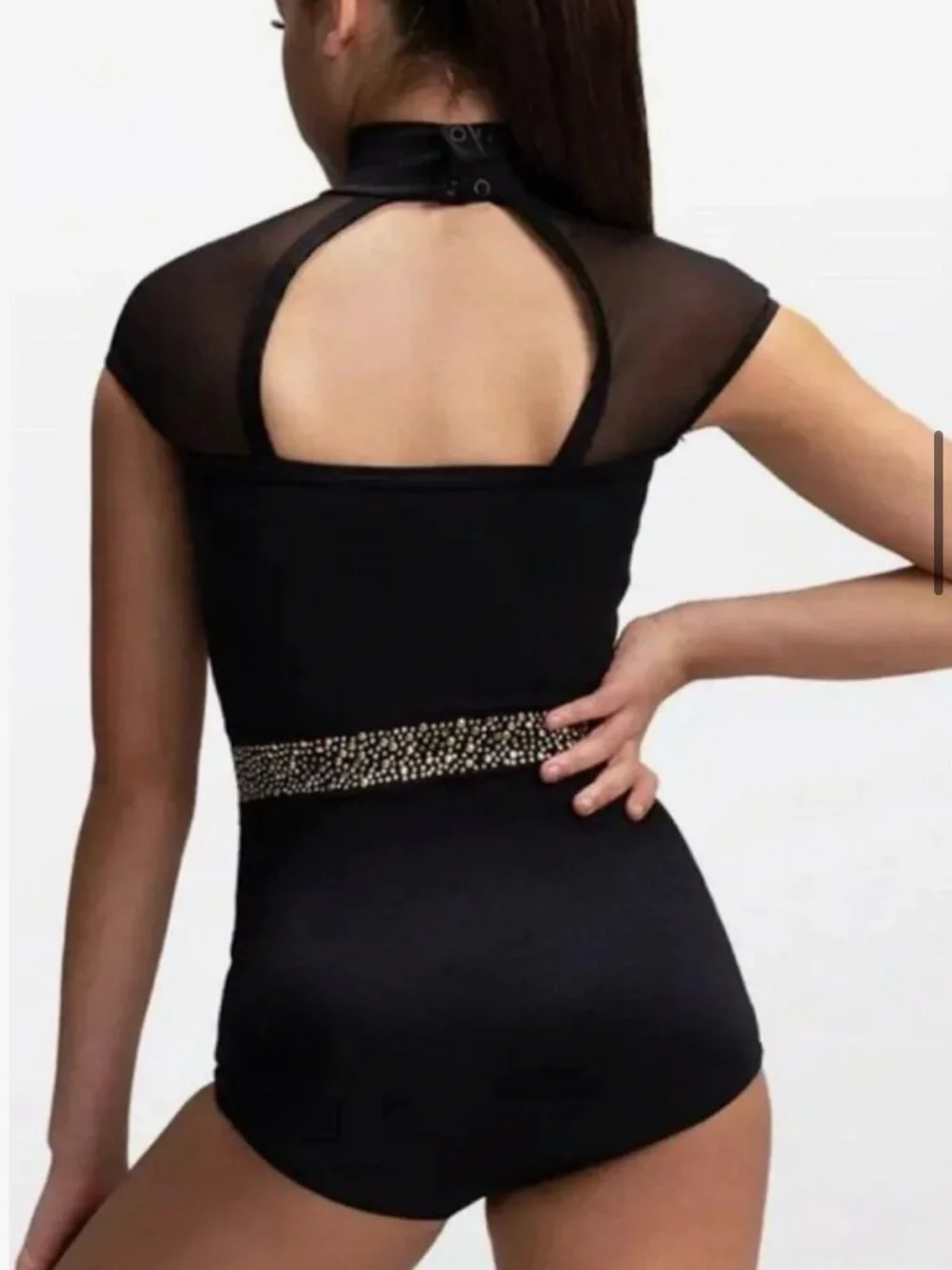 WEISSMAN ELITE BLACK MOCKNECK GOLD STUDDED LEOTARD COSTUME SZ MA EUC $160